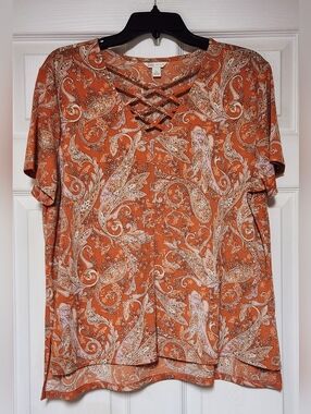 Cato Orange Paisley Lace Up Criss Cross Top Short Sleeve Size Large Boho Retro